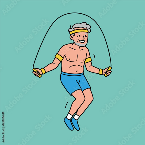 An old man is skipping rope.