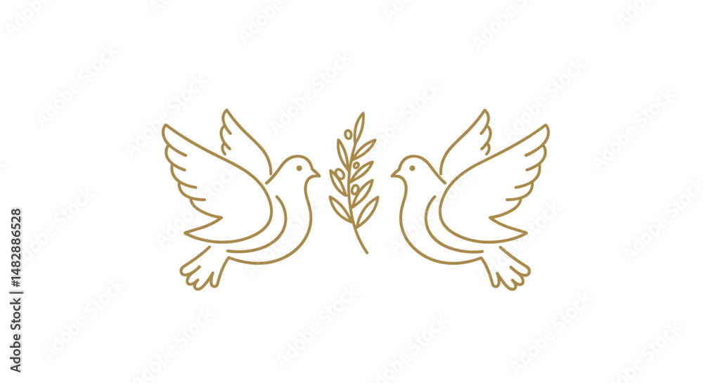 Doves holding olive branch in minimalist line art Doves holding olive branch in minimalist line art