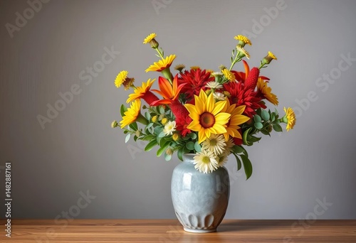 Wallpaper Mural Vibrant red & yellow waratahs, eucalyptus, waxflower bouquet in a grey vase ,  photography,  grey vase Torontodigital.ca