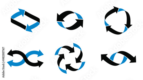 Collection of intertwined loop arrows in black and blue, symbolizing dynamic processes, motion, transformation, and interconnected systems.