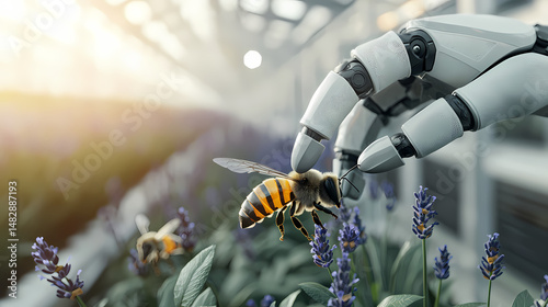 A robotic hand gently interacts with a bee on lavender flowers in a sunlit, futuristic greenhouse setting.