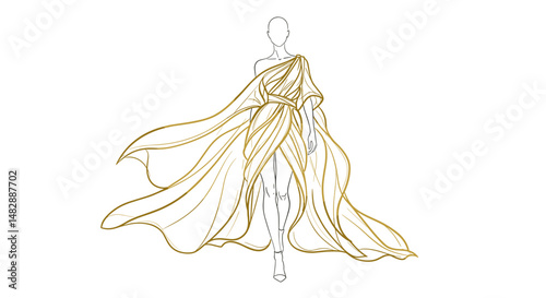Fashion illustration of a confident model wearing flowing gown