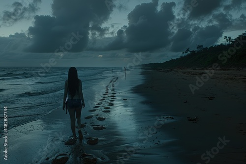 A person walks alone along a moody, cloudy beach at dusk, leaving footprints in the wet sand by the water