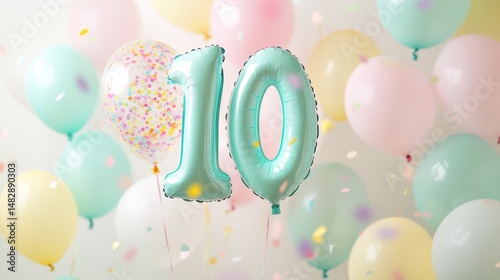 10th birthday celebration with colorful balloons and festive decorations for kids party, joyful event, family gathering, vibrant atmosphere, party essentials.