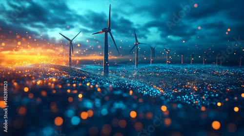Floating crystalline wind turbines with holographic data streams and gradient energy particles orbiting structures under cyan ambient lighting. Matte metallic textures integrated with futuristic renew
