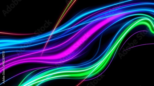 Abstract Neon Wave Background. Vibrant glowing lines, dynamic curves, bright colors, futuristic design. Ideal for digital art, tech themes, and vibrant visuals.