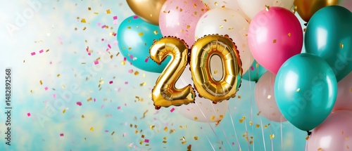 Colorful birthday balloons with gold number 20 and confetti on festive background for celebration, party decoration, milestone event, joyful moments.