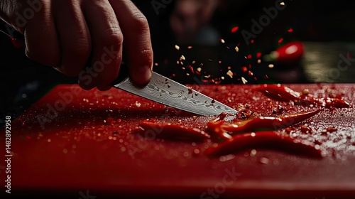 A close-up image of hands chopping red onions on a bright red cutting board.