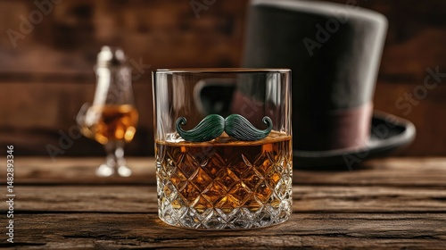 A clear glass with a rounded shape contains amber-colored liquid, adorned with a bright green felt mustache placed across the upper rim.