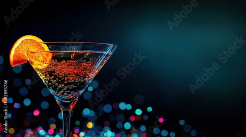 A dark, elegant martini glass filled with a rich, dark beverage, highlighted by a twist of orange peel perched on the rim.