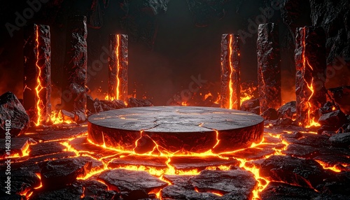 Volcanic platform with fiery cracks and pillars