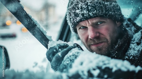 A man is clearing snow from the windshield of a car in a winter setting.
