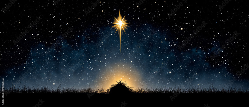 Naklejka premium Celestial star shines over humble nativity scene