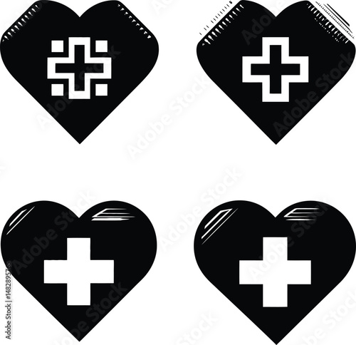 Healthcare & Medical Aid Symbol Set Featuring Four Unique Heart Designs with White Crosses Inside, Representing Medical Support, Health Care, and Wellness