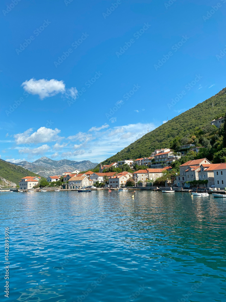 Fototapeta premium Waterfront panorama of historic town Lepetane in Montenegro