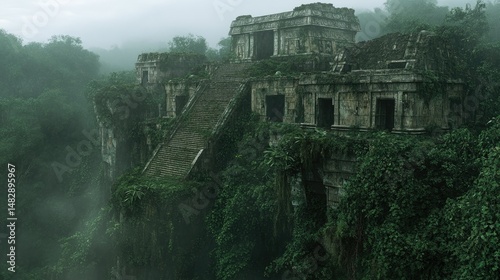 An aerial view of an ancient pyramid surrounded by dense tropical vegetation.