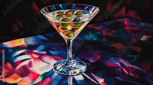 Close-up of a martini glass filled with a clear cocktail, featuring two green olives with red pits at the bottom.
