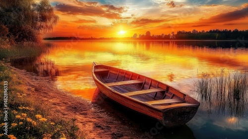 A tranquil lakeside scene at sunset, showcasing a calm body of water reflecting vibrant orange and yellow hues in the sky.