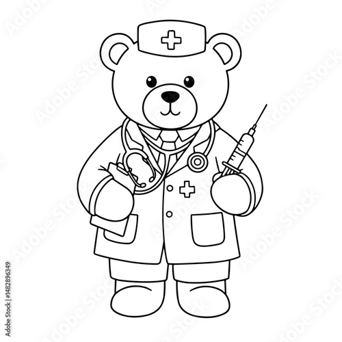 Cute teddy bear dressed as a doctor holding a syringe and stethoscope  