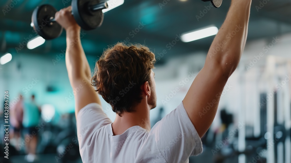 Fototapeta premium Man lifts weights in a gym during workout session focused on strength training and fitness goals