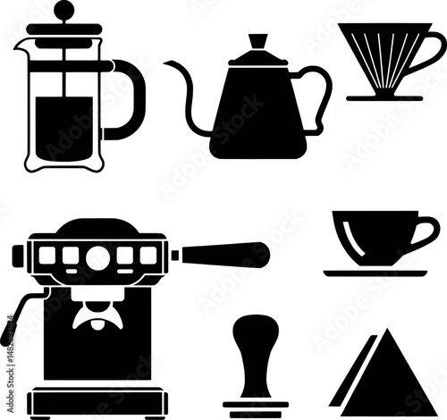 Vector illustration of coffee brewing equipment espresso machine and coffee preparation icons