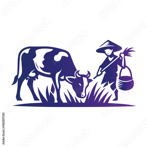 Peaceful rural scene of a farmer and water buffalo. A stylized illustration of a farmer tending to a water buffalo in a peaceful rural setting.