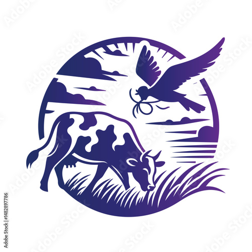 Peaceful rural scene of a farmer and water buffalo. A stylized illustration of a farmer tending to a water buffalo in a peaceful rural setting.