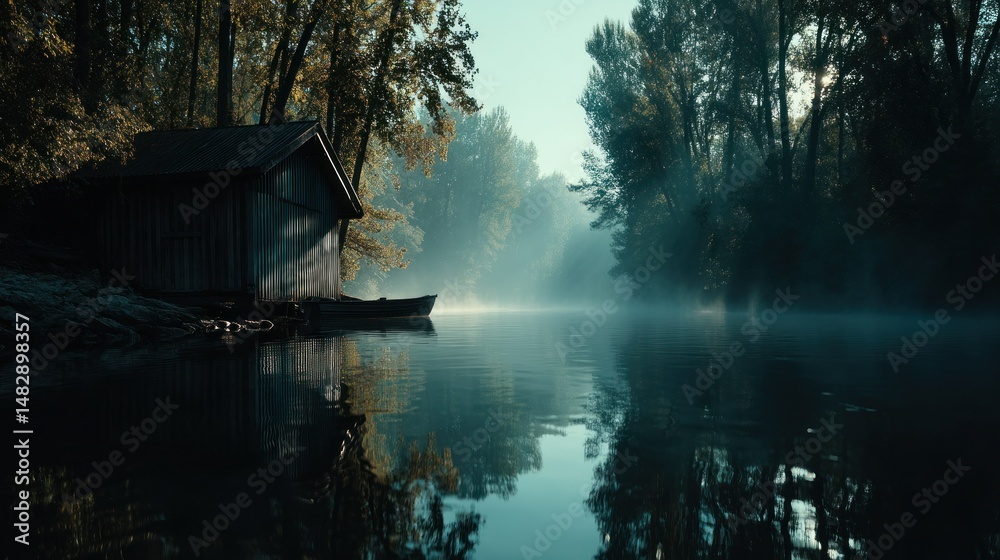 Fototapeta premium Misty lakeside boathouse mirroring on still water surface