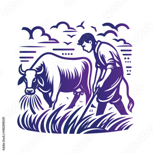 Peaceful rural scene of a farmer and water buffalo. A stylized illustration of a farmer tending to a water buffalo in a peaceful rural setting.