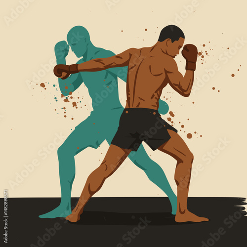 Two boxers preparing to fight in an artistic style with colorful splatters on a beige background