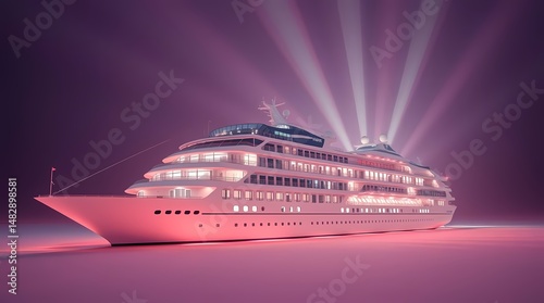 A large white cruise ship sits docked at night, illuminated by a spotlight