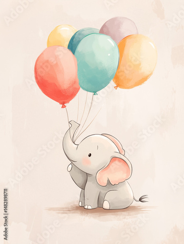 Cute watercolor baby elephant holding colorful balloons. Soft pastel illustration for nursery prints, baby shower invites, kids' party decor, or whimsical greeting cards.