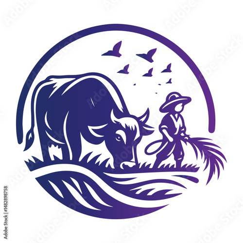 Peaceful rural scene of a farmer and water buffalo. A stylized illustration of a farmer tending to a water buffalo in a peaceful rural setting.