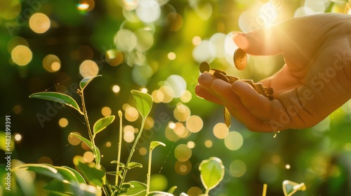 Hand releasing coins over plants, illuminated by sunlight with bokeh effect in the background
