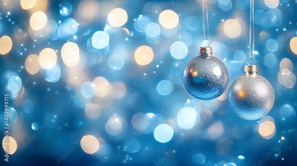 Sparkling Christmas Ornaments with Blue and Gold Bokeh Background Sparkling Christmas Ornaments with Blue and Gold Bokeh Background