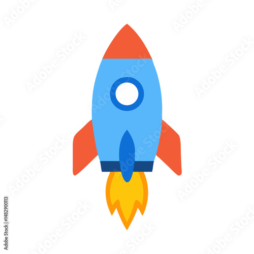 Flat rocket icon with red fins and yellow flames