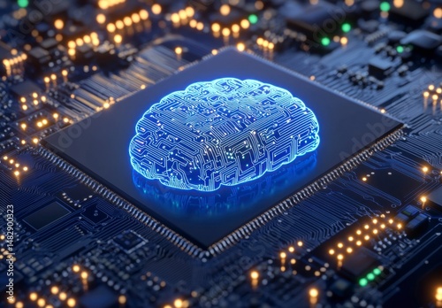 Futuristic Computer Chip with Glowing Brain Circuit Design