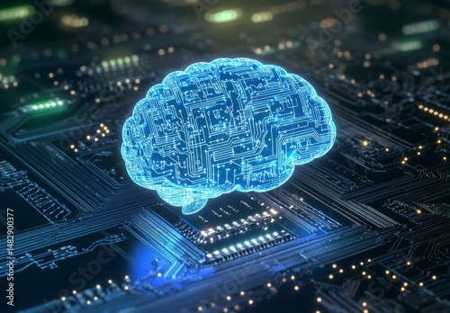 Digital Brain Concept Over Circuit Board with Neon Glow Effects