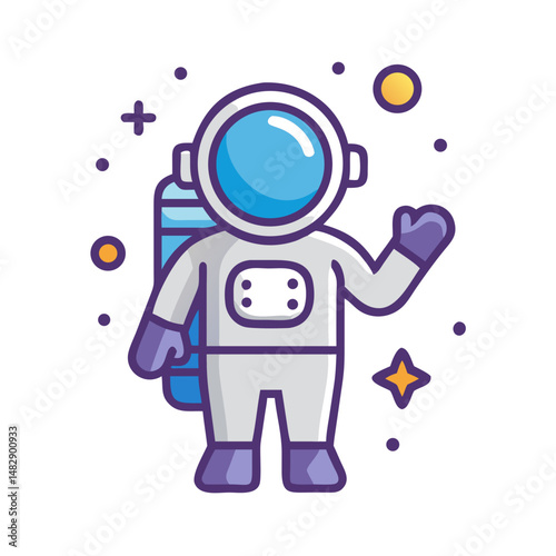 Cartoon astronaut waving in space with stars