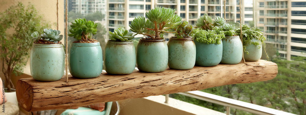 Fototapeta premium bright and vibrant indoor diy garden photograph of a vertical garden made from repurposed mason jars filled with succulents and hung on a wooden plank on a balcony,
