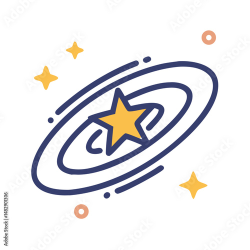 Star in spiral galaxy with orbiting lines and dots