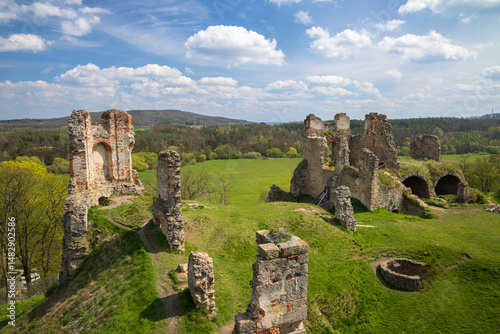 Ruins of Zviretice Castle rising above green meadows in Bakov nad Jizerou, Czechia photo