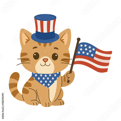Cute American tabby cat wearing patriotic hat and scarf while holding American flag, perfect for celebrating 4th of July, Independence Day, or USA-themed designs, decorations, cards.