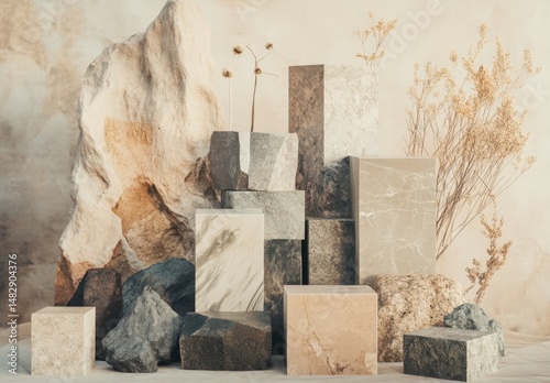 Natural Stone and Rock Arrangement with Dried Flowers and Textures