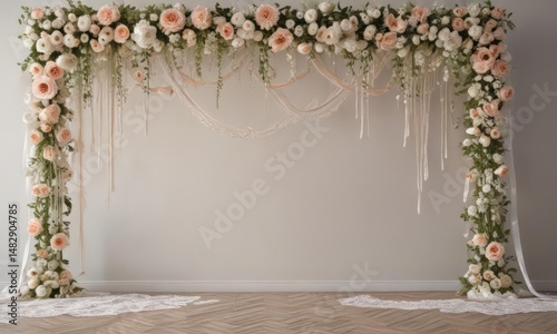 Elegant artificial flower backdrop with lace & ribbons  Home decor detail , backdrop, wall decor, vintage