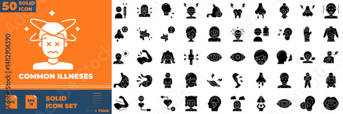 Common Illneses Solid Editable Icons set. Vector illustration in modern thin solid style of common illneses icons: cancer, coronavirus, allergy, etc