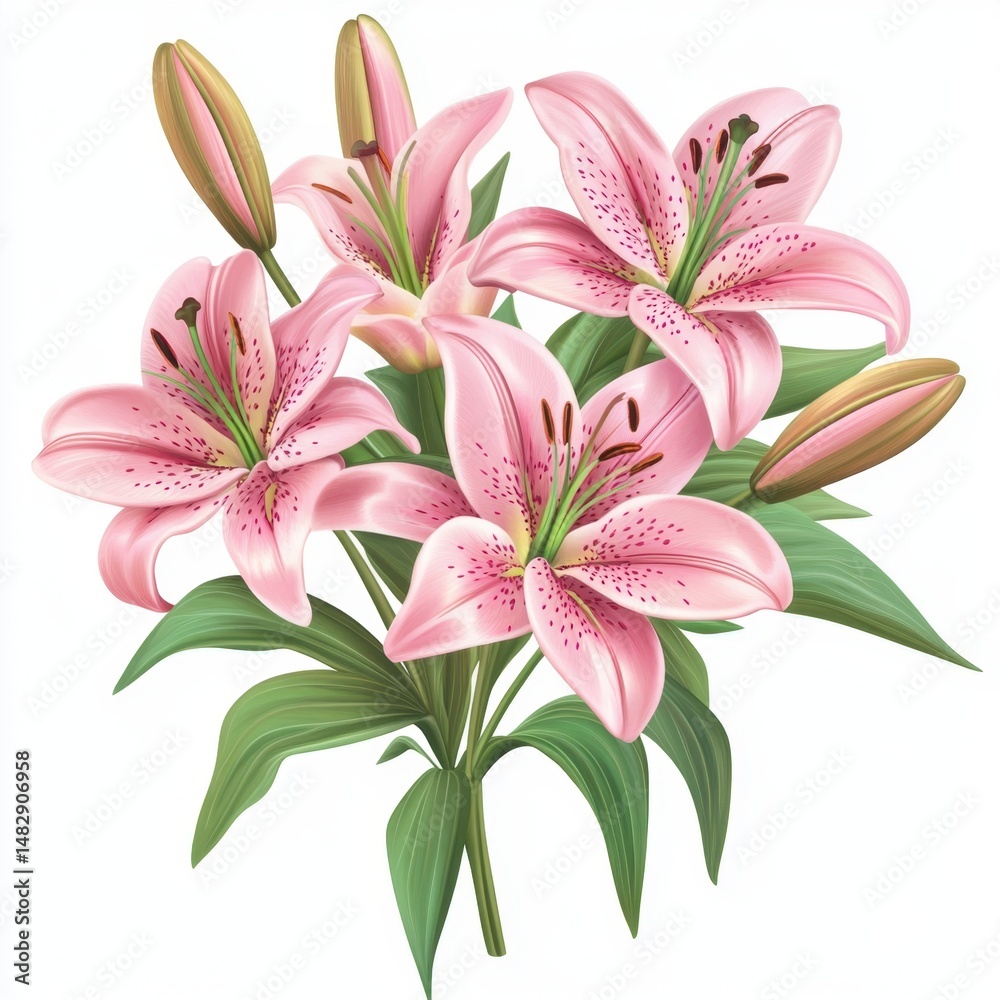Fototapeta premium Vibrant Pink Lilies with Buds in Elegant Floral Arrangement Design