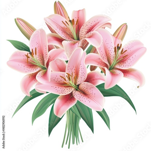 Pink Lily Bouquet with Vibrant Petals and Green Leaves Arrangement