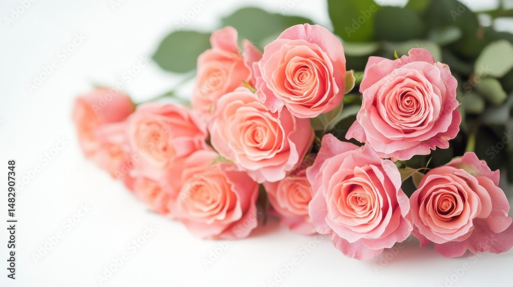 Naklejka premium Soft Pink Roses with Green Leaves on a White Background