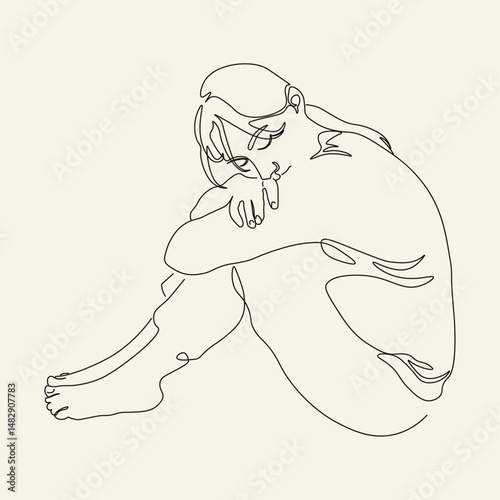 Sad Woman Sitting in Depression – One Line Minimalist Vector Drawing.